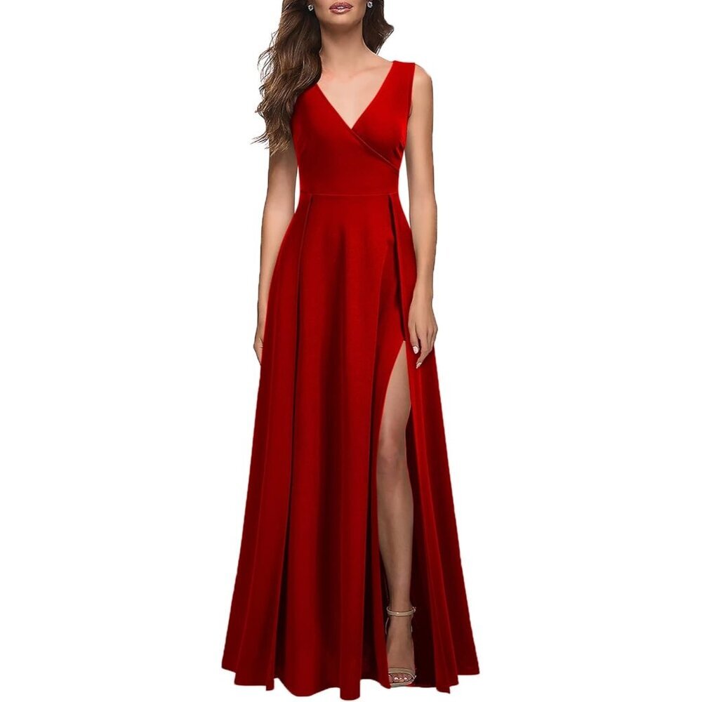 Women's Red Polyester V Neck Sleeveless Split Formal Cocktail Long Dress